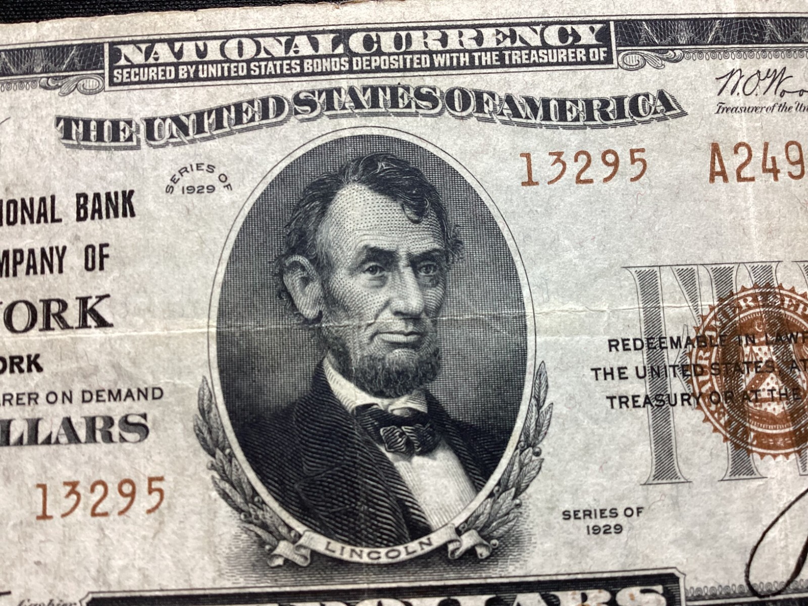 1929 5 Dollar National Currency Sterling National Bank & Trust Company