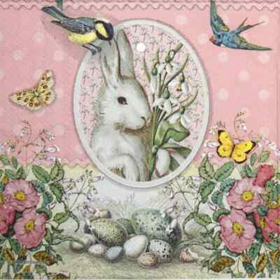 4x einzelne Papierservietten für Decoupage und Party - weiß Ostern Hase Rose