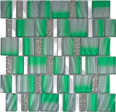 Bordure Mosaïque Pâte de Verre Vert Argent Mur Cuisine Bain Comptoir 88-0005 _F - Photo 1/4