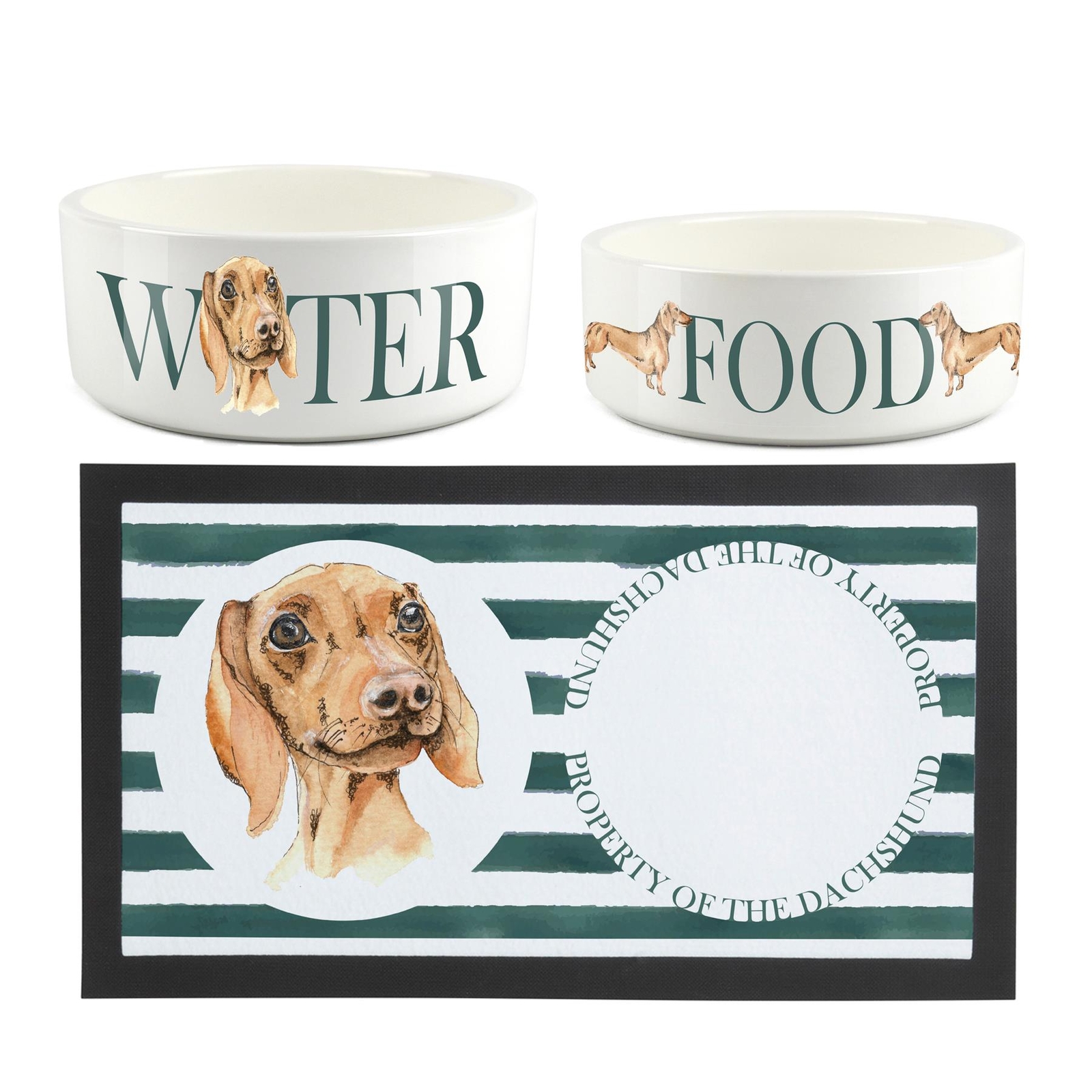 Purely Home Dachshund Pet Mat & Bowl Set - White Ceramic & Rubber - 2 Bowls - Image 2
