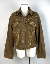Vintage 1980s Gazoz Bedazzled Beaded Brown Denim Jacket M, MADE IN USA
