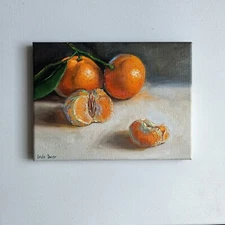 Clementine slice fruit still life oil painting realistic citrus wall decor 7x9"