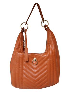 Alexis Bendel Quilted Orange Hobo Shoulder Bag PU Leather Gold Loop Zip Close
