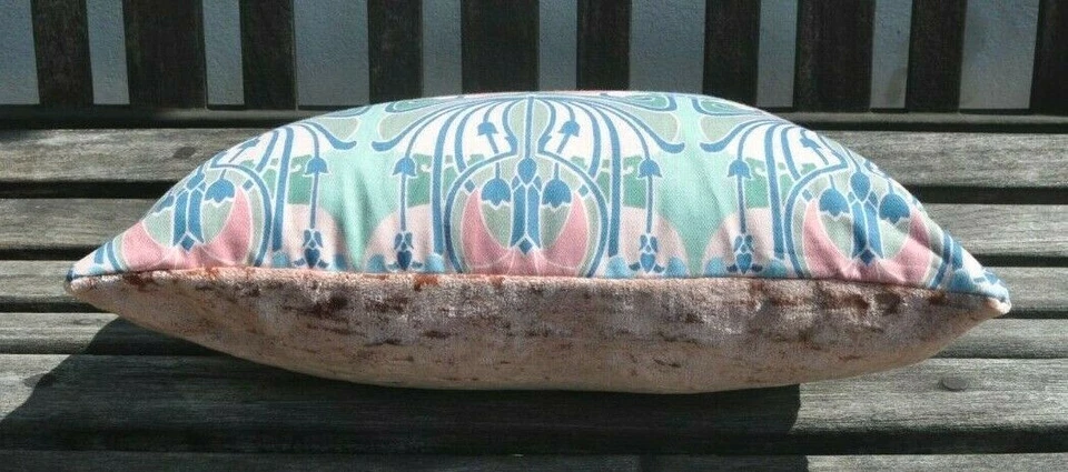 12 x 16" zipped Art Nouveau style cotton pink blue green/pink velvet cushion - Image 3 of 4