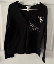 Vtg Jillian Jones Women's L V-neck Embellished Sweater Black Wool Angora