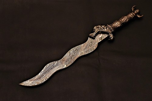 Handcrafted Damascus Steel Sword With Amazing Casted Metal Handle&Leather Sheath