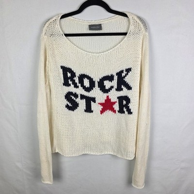 Wooden Ships Rock Star Knit Sweater White Cotton Blend M/L Graphic Pullover