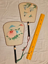 Vintage Chinese Hand Painted Silk Mini Fans Pair Hummingbird Butterfly Lacquered