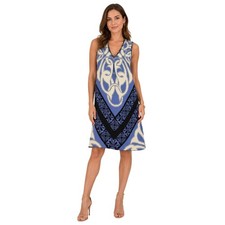 Nicole Miller Collection Silk Geometric Shift Dress Womens Petite Y2K Blue Ivory