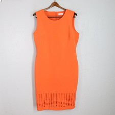 Calvin Klein Dress L Orange Neoprene Sheath Lattice Edge Round Neck Sleeveless