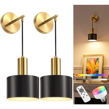 Battery Operated Wall Sconce Set of 2, Gold  Black Wireless Rechargeable Wal...