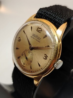 Tourist Vintage Swiss Watch Ancre 17 Rubis Sunburst Gold Dial