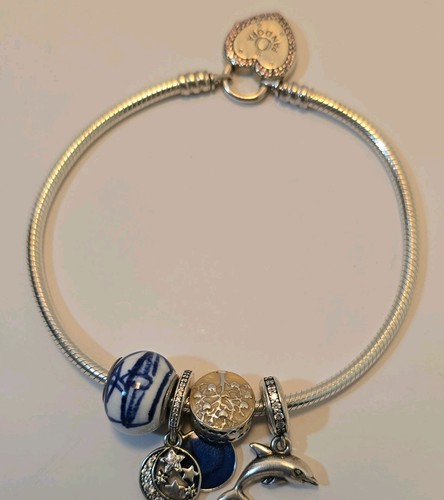 PANDORA 925 Sterling Silver Snake Chain Charm Bracelet Heart Barrel Signed