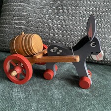 Vintage Painted Wooden Donkey Wheeled Barrel Cart Toy c1960s