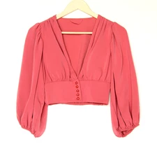 Italian Woman's M Cropped Blouse Deep V-Neck Pink 3/4 Balloon Sleeve Peasant Y2K