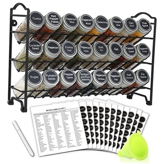 3-Tier Spice Rack Organizer with 24 Empty Round Jars - 396 Spice Labels - Black  