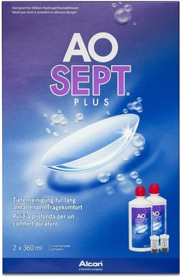 ALCON Kontaktlinsen-Pflegemittel AOsept Plus, Vorratspackung mit Behälter, 2 x 360 ml
