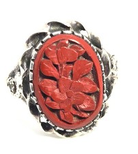 Cinnabar carved lacquer Chinese Export vintage sterling silver ring size 7
