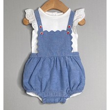 JANIE JACK Girls 3-6 Mo Blue Strawberry Button Chambray Bubble Romper/Top Set