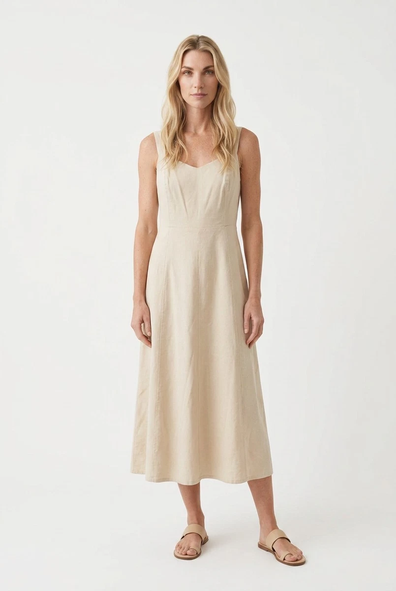 old navy beige linen dress Fit & Flare Sleeveless Linen-Blend Midi Dress