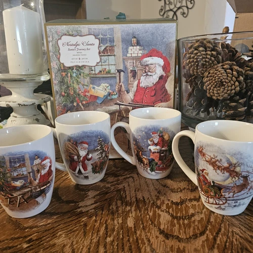 Pottery Barn Nostalgic Santa Holiday Mugs, Set Of Four Each With Different Pic