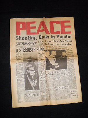【現版？ 1945年8月15日 Pittsburgh Sun-Telegraph Pittsburgh Sun Telegraph NEWSPAPER Wed Aug 15 1945 PEACE in the