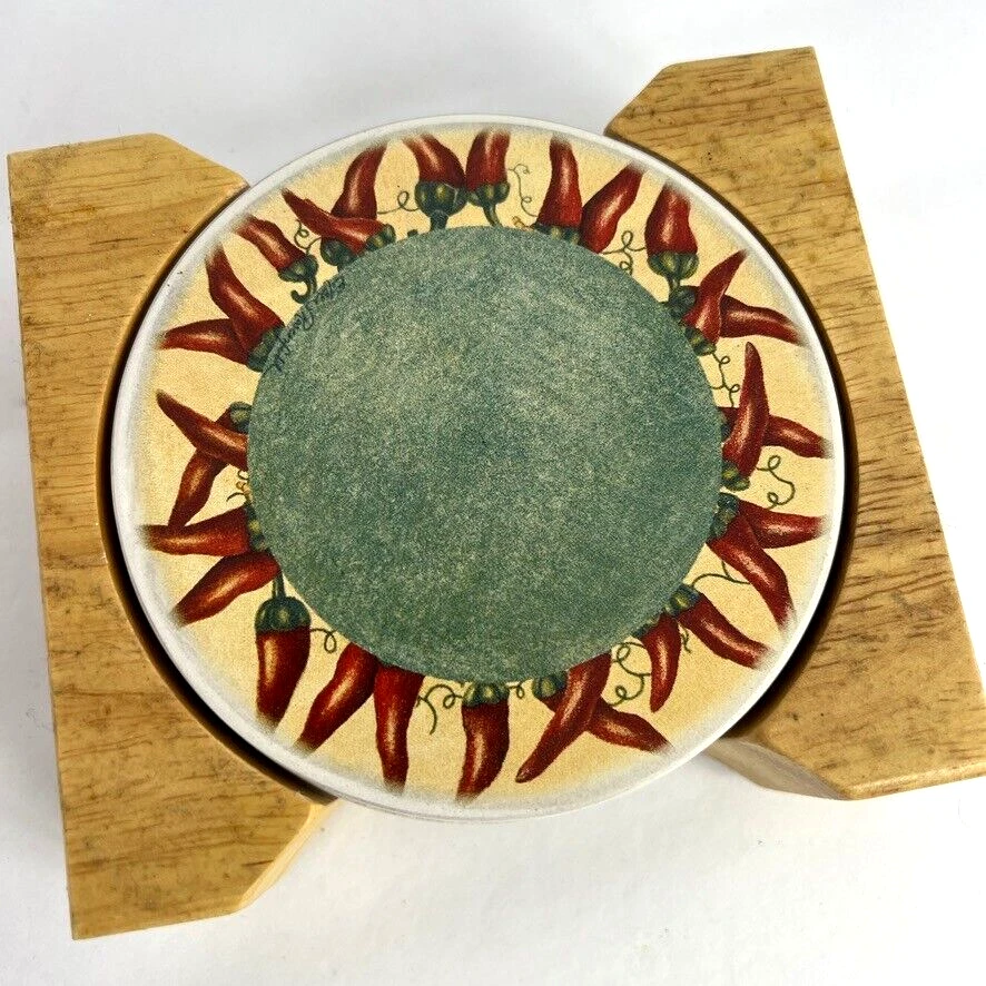 Juego de 4 posavasos de piedra vintage Cypress Homes chiles firmados por Eileen Rosenfeld Foto 3 de 4