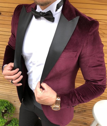 Rosso Bordeaux Velluto Smoking Party Abito da Sposa Maschile Montato Slim  Fit | eBay