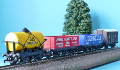 HORNBY WAGONS: VENT VAN, DJS TANKER, LOCHGELLY & ARENIG GRANIT PLANKENWAGEN