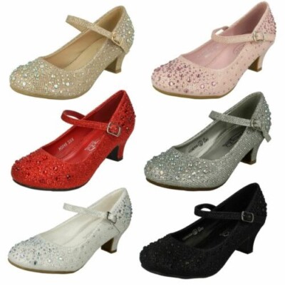 Spot On Junior Mädchen Glitzer Party Schuhe Kitten Absatz Schnalle H3R046