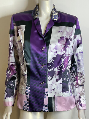 Eliane Stoleru Purple Floral Silk Blazer Jacket 10 LS Evening Rhinestone Button