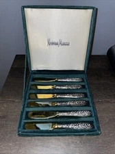 Neiman Marcus 6 Silverplate Butter Spreaders w/ Gold Blades & Repousse Handles