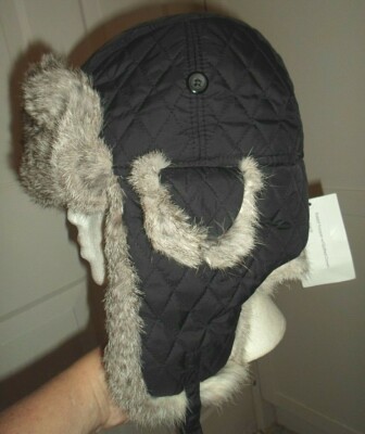 Surell Genuine Rabbit Fur Trim Quilted Trooper Hat Black  display picture 2