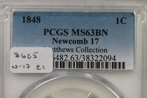 1848 N-17 PCGS MS 63 BN Braided Hair Large Cent Coin 1c - Picture 3 of 3