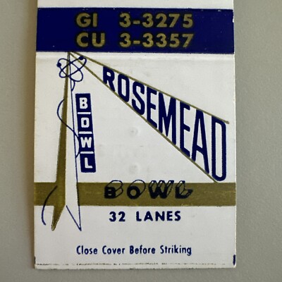 Vintage 1950s Rosemead Bowl El Monte CA Orbit Room Cocktails Matchbook Cover