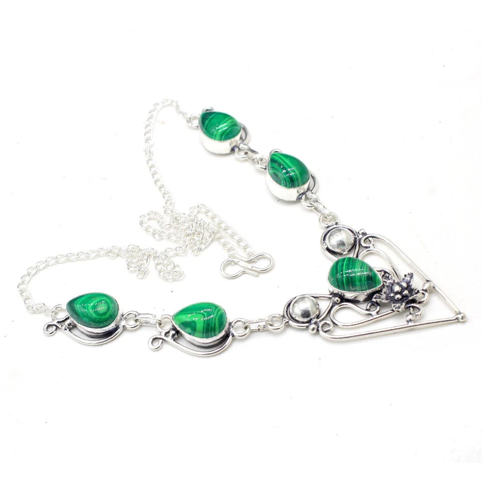 Malachite Gemstone 925 Sterling Silver Handmade Jewelry Necklace Size-17-18 - Image 4 of 4