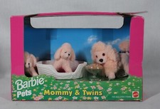 RARO VINTAGE 1996 MATTEL BARBIE PETS PERROS "MAMÁ Y GEMELOS" CON CAMA Y PLATO DE COMIDA NUEVO