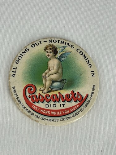 SCARCE VINTAGE POCKET MIRROR Cascarets Laxative 2.00" Mirror Very Nice