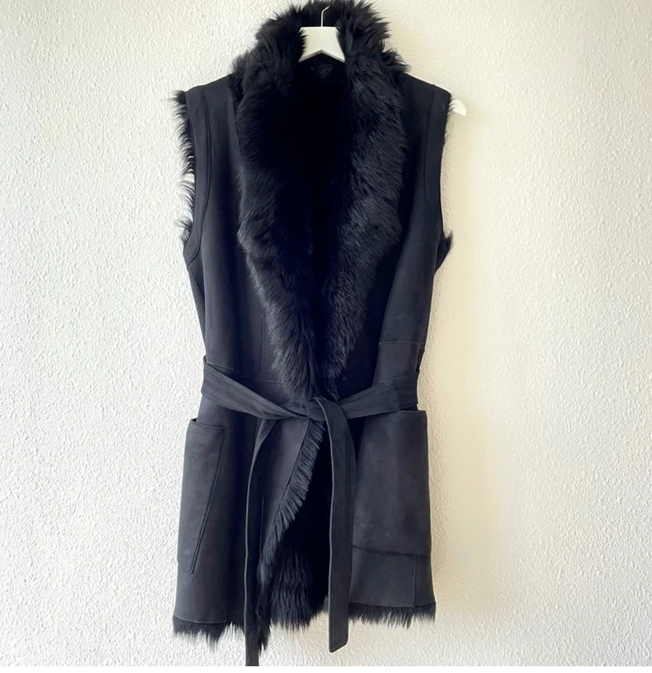 NUEVO VINCE Toscana Chaleco Negro Reversible de Piel de Oveja Cuero con Cinturón Talla XS Foto 3 de 4