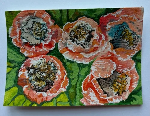 aceo original painting 2.5"x3.5" watercolor orange and blue flowers with white .