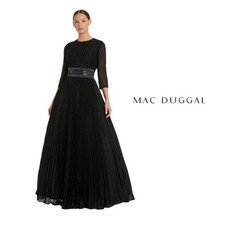 NEW Mac Duggal Black Pleated Shimmering A-line 3/4 Sleeve Dress Sz 6