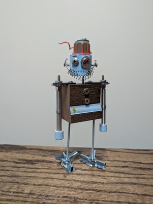 Handmade Wooden Steampunk Robot Figurine Art Vintage Industrial Decor