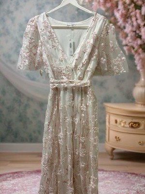green emerald velvet dress Floral Embroidered Maxi Dress with Sheer Flutter Sleeves in Light Blue Multi