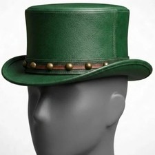 Green Leather Top Hat Studded Brown Band Steampunk Gothic Mad Hatter Costume