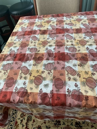 Pumpkin Print Tablecloth Autumn Fall Orange Brown Squares Large 90x56 Cotton - Picture 10 of 15