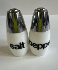 VTG Salt & Pepper Shakers Corning Pyrex Gemco Black Lettering Glass *Read