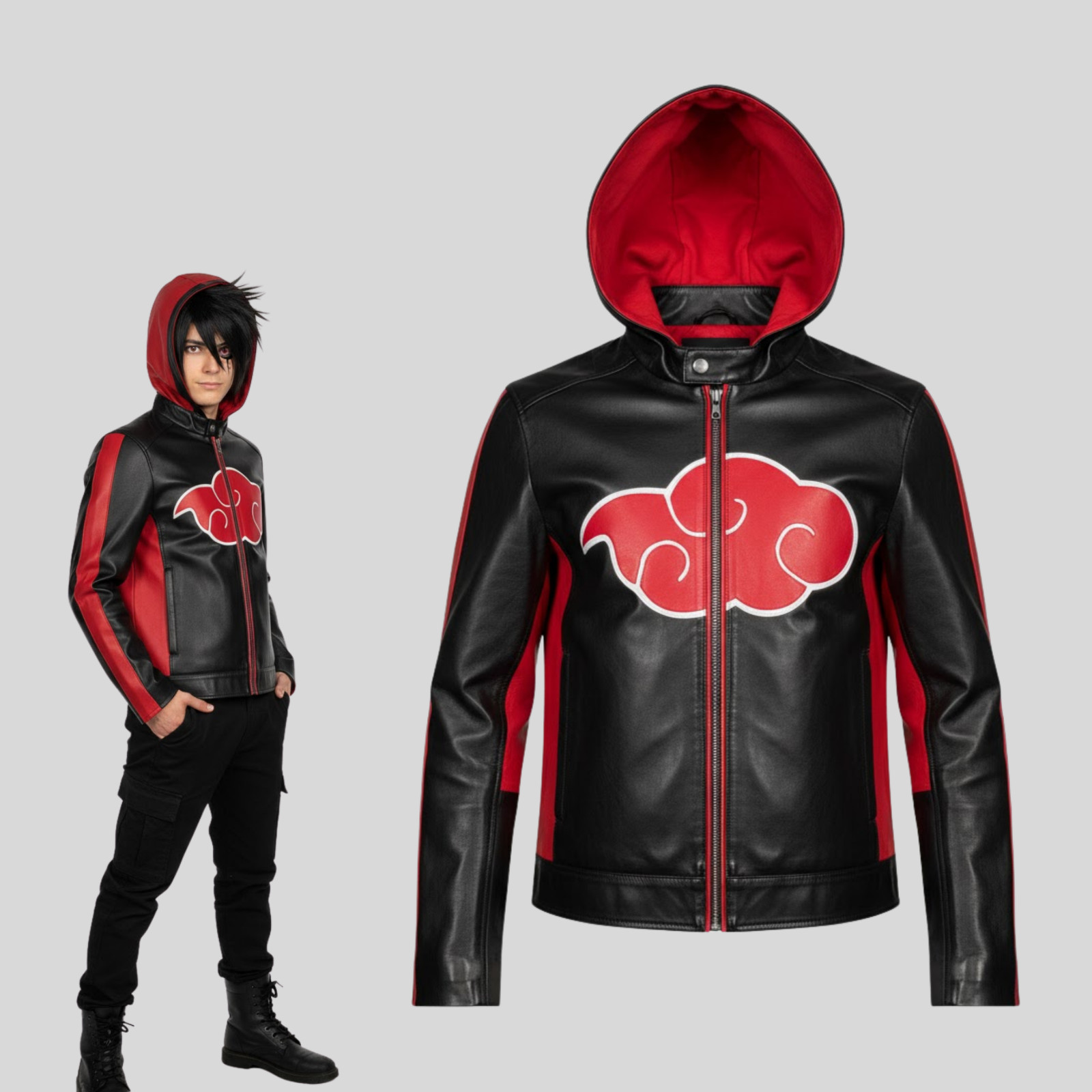 Chaqueta con Capucha de Cuero Inspirada en Akatsuki Itachi - Cuero de Oveja, Cremallera YKK