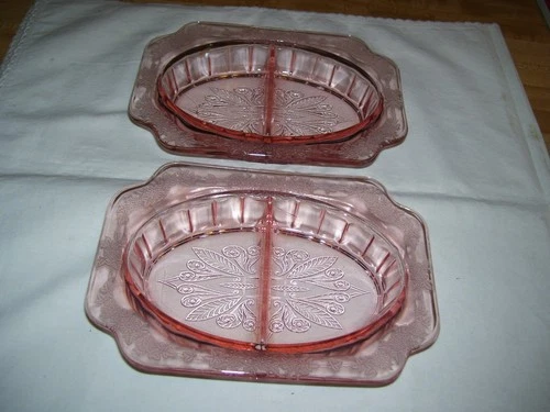 Pair of Vintage Pink Depression Glass Adam Pattern Relish Dishes