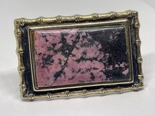 Natural Rhodonite Pink Black Vintage Belt Buckle Gold Tone Frame Western USA
