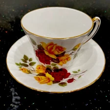 Fine Bone China Teacup and Saucer Maroon Yellow Roses Royal Kandall Vintage
